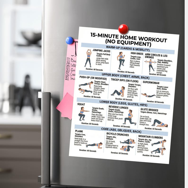 May include: A white printed workout guide titled "15-Minute Home Workout (No Equipment)" with exercise diagrams and instructions. Exercises include jumping jacks, high knees, push-ups, squats, and more. The guide is attached to a refrigerator.