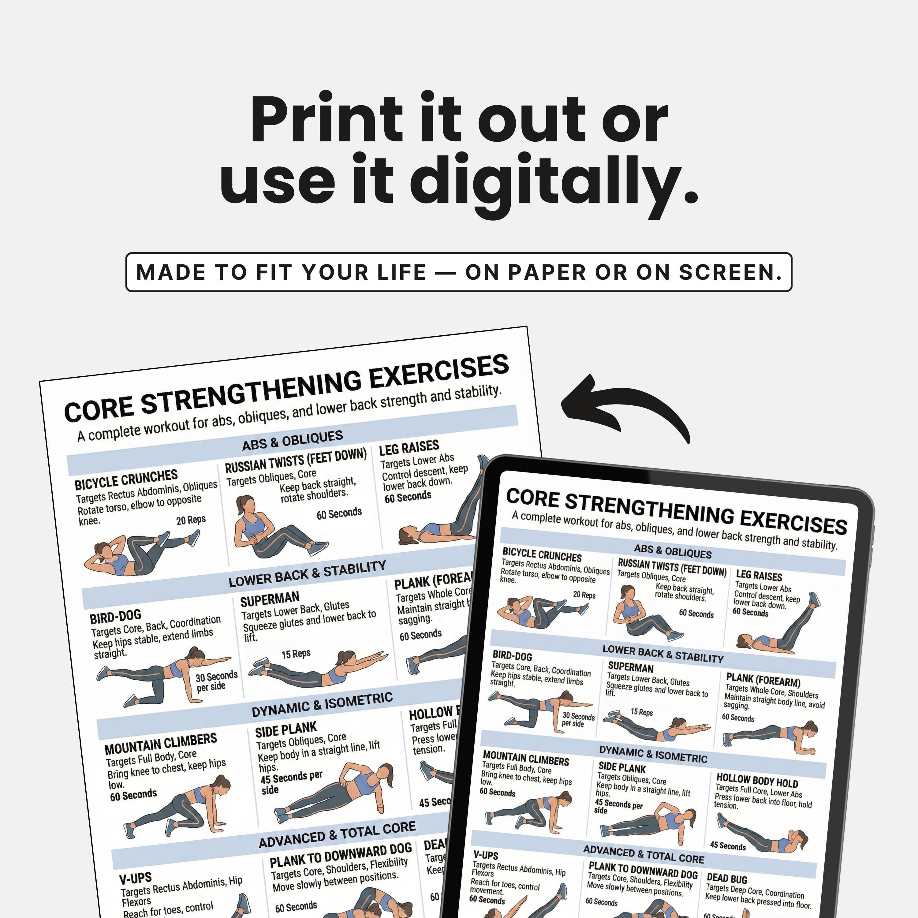Core Strength Record Card Core Exercise Chart, Strength Workout, Full Body Workout Guide ...