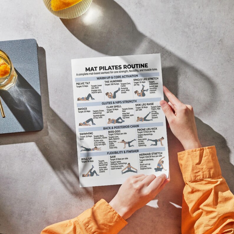 May include: A printed Pilates routine guide with illustrations of various exercises. The guide includes sections for warm-up, core activation, glutes, hips strength, back, posterior chain, flexibility, and finishers. The text is in black font on a white background.