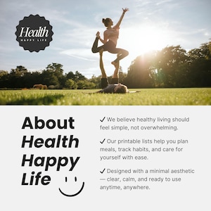 May include: Image of two people practicing acro yoga on a grassy field under a bright sky. The image includes the text "Health Happy Life" and "About Health Happy Life". The text also includes the phrase "We believe healthy living should feel simple, not overwhelming."