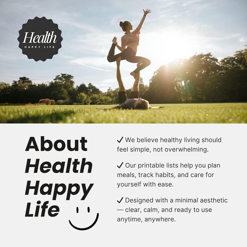 May include: Image of two people practicing acro yoga on a grassy field under a bright sky. The image includes the text "Health Happy Life" and "About Health Happy Life". The text also includes the phrase "We believe healthy living should feel simple, not overwhelming."