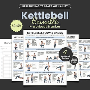 Może przedstawiać: Zestaw kettlebell z trackerem treningowym. Zawiera 4 plakaty kettlebell z diagramami ćwiczeń. Plakaty pokazują ćwiczenia ukierunkowane na biodra, pośladki, core i inne. Tekst głosi: "Zdrowe nawyki zaczynają się od listy."