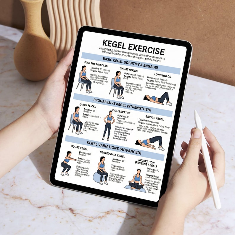 May include: A tablet displays a guide to Kegel exercises, with diagrams and instructions for various exercises like short holds, long holds, and quick flicks. The guide aims to strengthen pelvic floor muscles for bladder control.