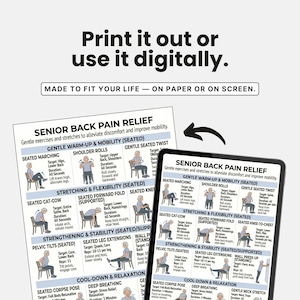 May include: A digital printout and a tablet display a guide for senior back pain relief. The guide includes exercises for warm-up, mobility, stretching, flexibility, strengthening, stability, and cool-down. Text reads "Print it out or use it digitally."
