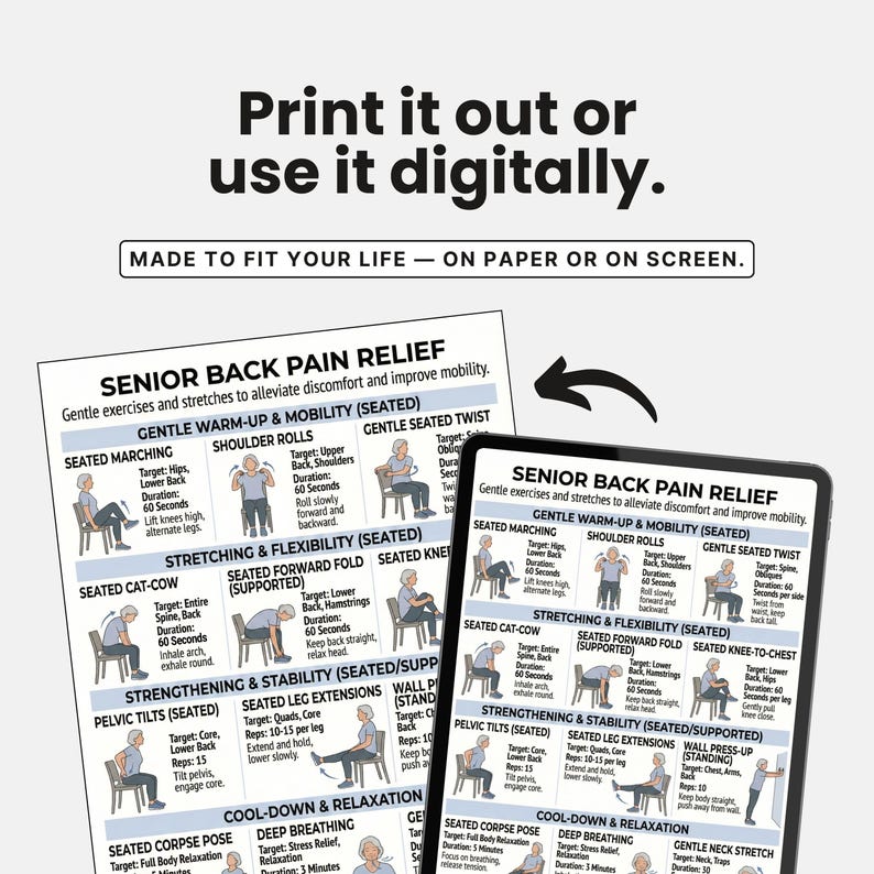 May include: A digital printout and a tablet display a guide for senior back pain relief. The guide includes exercises for warm-up, mobility, stretching, flexibility, strengthening, stability, and cool-down. Text reads "Print it out or use it digitally."