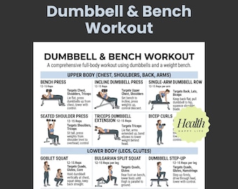 Dumbbell And Bench Workout Poster, Dumbbell Exercises, Printable Exercises, Fitness Plan, Home Workout Plan
