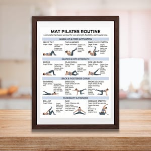 May include: A framed print displays a mat Pilates routine with exercise illustrations. The workout guide includes warm-up, core activation, glutes, hips strength, back, posterior chain, flexibility, and finisher exercises. The text is in black on a white background.
