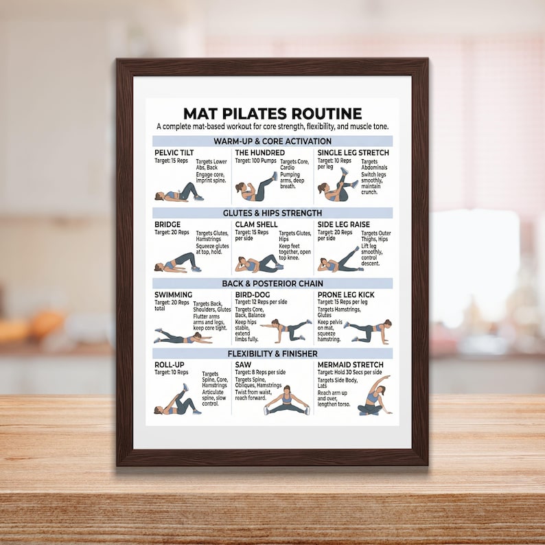 Mat Pilates Routine Posters, Basic Workout, Beginner Pilates, Printable ...