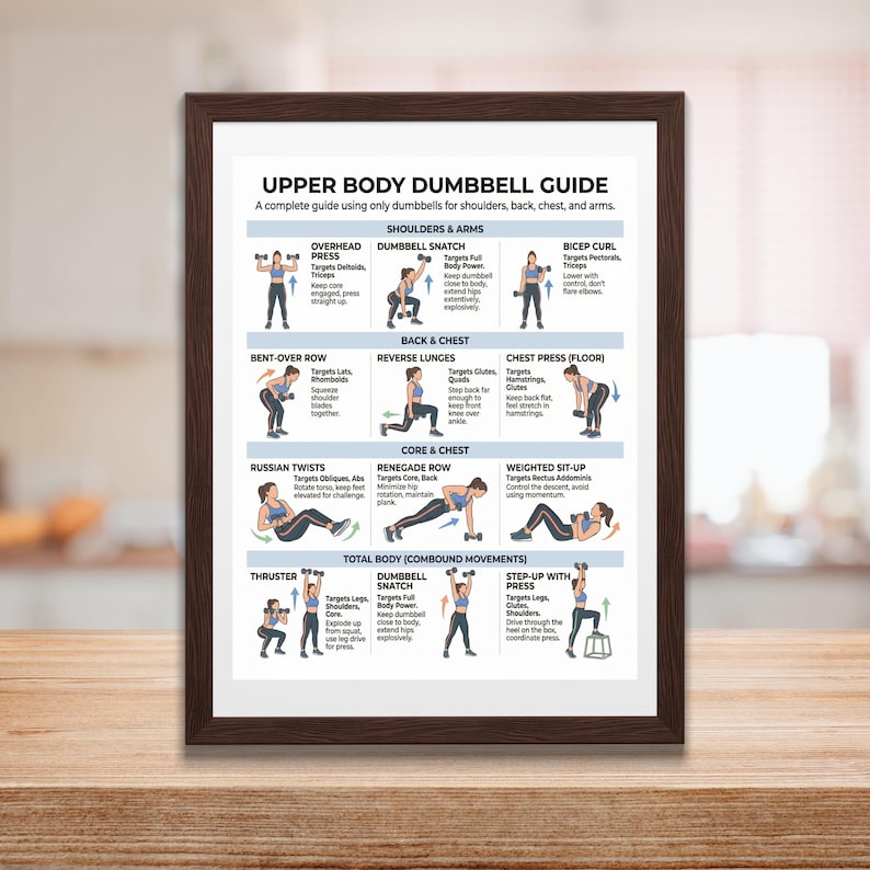 May include: A framed print titled "Upper Body Dumbbell Guide" with illustrations of various dumbbell exercises targeting shoulders, back, chest, and arms. The guide includes exercises like overhead press, dumbbell snatch, and bicep curls.