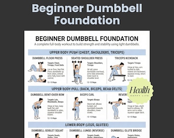 Beginner Dumbbell Workout Poster, Dumbbell Exercises, Printable Exercises, Fitness Plan, Home Workout Plan