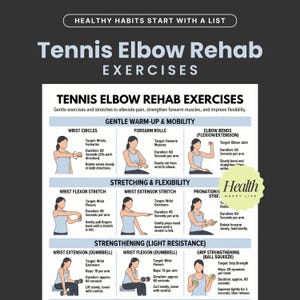 Puede incluir: Una infografía detallada que describe ejercicios de rehabilitación para el codo de tenista. La guía incluye ilustraciones e instrucciones para círculos de muñeca, rotaciones de antebrazo, flexiones de codo y estiramientos para mejorar la flexibilidad.