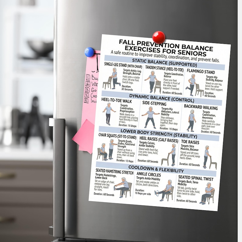 May include: A printed exercise guide for seniors, focusing on fall prevention. The poster, attached to a refrigerator with magnets, details balance exercises like single-leg stands and heel raises, with illustrations.