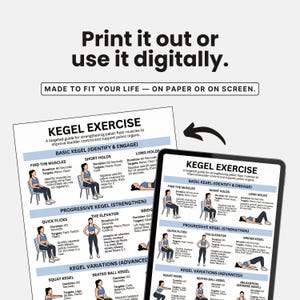 May include: A digital and printed guide for Kegel exercises, designed to strengthen pelvic floor muscles. The guide includes illustrations and instructions for various exercises, such as quick flicks and long holds, to improve bladder control.