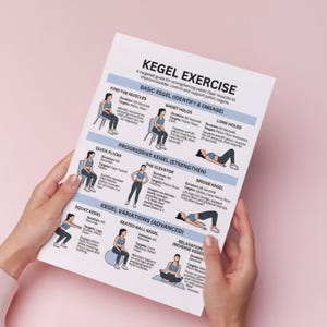 May include: A white printed guide for Kegel exercises, held by hands against a pink background. The guide details various exercises, including 'Find the Muscles,' 'Short Holds,' and 'Long Holds,' with illustrations and instructions for each.