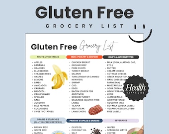 May include: A detailed "Gluten Free" grocery list, categorised by food groups such as fruits, vegetables, meat, dairy, and pantry items. Features a banana graphic and the text "Healthy Habits Start With A List".