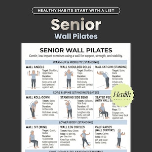 Könnte beinhalten: Eine Anleitung für Senioren-Wand-Pilates-Übungen mit Illustrationen und Anweisungen. Die Übungen zielen auf verschiedene Muskelgruppen ab, darunter Schultern, Wirbelsäule und Beine, und fördern sanfte, schonende Workouts.