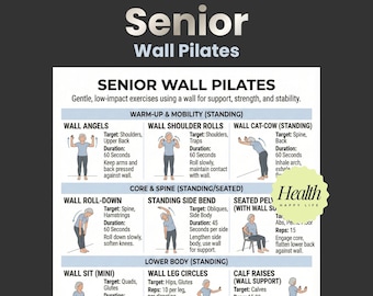 Senior Wall Pilates Exercises, Posture Exercises, Elderly Exercises, Pilates posters, Senior Workout Routines