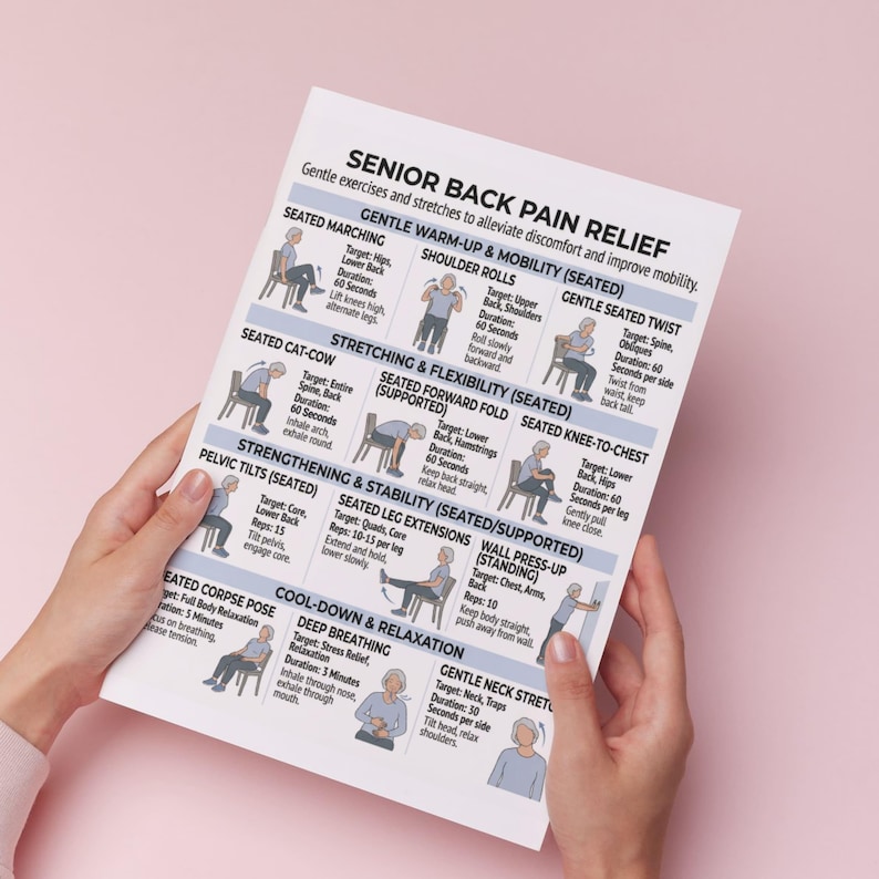 May include: A printed guide for senior back pain relief, featuring gentle exercises and stretches. The guide includes illustrations and instructions for various seated exercises, such as shoulder rolls and seated knee-to-chest stretches. The text is in black on a white background.