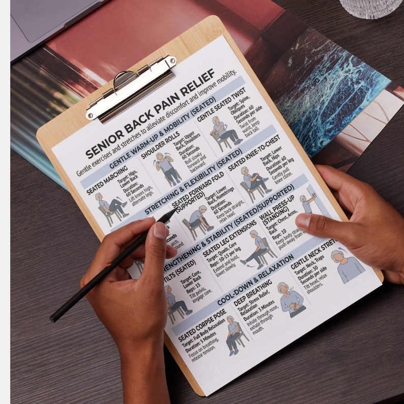 May include: A clipboard with a printed guide for senior back pain relief. The guide includes illustrations and instructions for various exercises, such as shoulder rolls, seated marching, and deep breathing. The text on the guide is in black font.