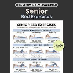 Puede incluir: Una guía titulada "Ejercicios para personas mayores en la cama" con ilustraciones que demuestran movimientos suaves para mejorar la flexibilidad y la fuerza. Los ejercicios incluyen bombeos de tobillos, círculos de muñecas, elevaciones de brazos, etc.