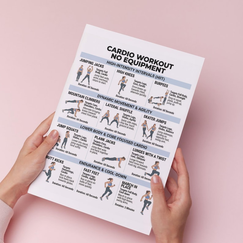 May include: A white printed workout guide titled "Cardio Workout No Equipment" is held by hands against a pink background. The guide features illustrated exercises like jumping jacks, high knees, burpees, and more. The duration for each exercise is 60 seconds.
