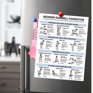 May include: A beginner dumbbell workout guide, attached to a refrigerator with magnets. The white paper features illustrations and instructions for various exercises targeting chest, shoulders, triceps, back, biceps, legs, and core. The text includes exercise names and rep ranges.
