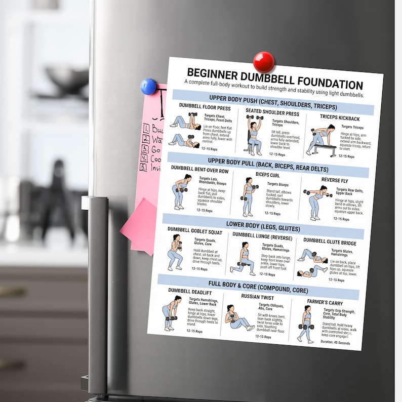 May include: A beginner dumbbell workout guide, attached to a refrigerator with magnets. The white paper features illustrations and instructions for various exercises targeting chest, shoulders, triceps, back, biceps, legs, and core. The text includes exercise names and rep ranges.