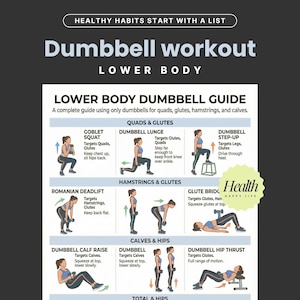 May include: A workout guide for lower body exercises using dumbbells. The guide includes illustrations and instructions for exercises targeting quads, glutes, hamstrings, and calves. Text includes "Dumbbell workout LOWER BODY" and "HEALTHY HABITS START WITH A LIST".
