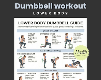 Dumbbell Workout Printable, Lower Body Workout Guide, Dumbbell Exercises, Printable Exercises, 30 Day Workout, Home Fitness Plan