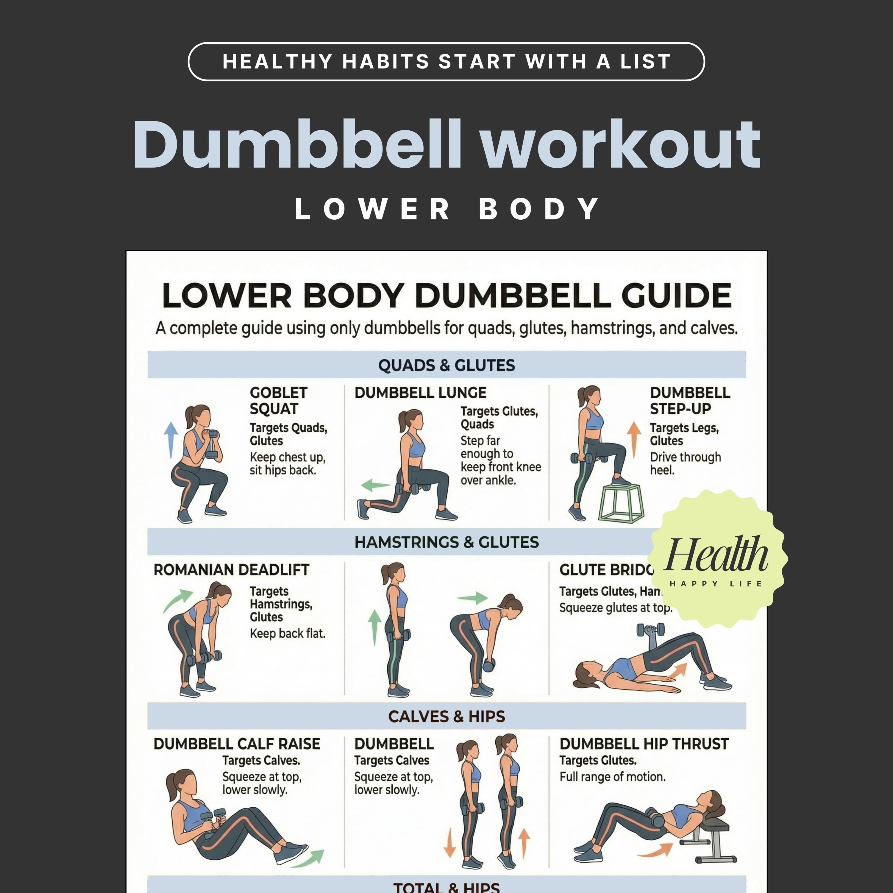 Dumbbell Workout Printable, Lower Body Workout Guide, Dumbbell ...