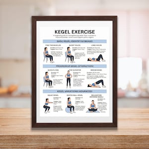 May include: A framed poster titled "KEGEL EXERCISE" with illustrations demonstrating various exercises to strengthen pelvic floor muscles. The poster includes instructions for basic, progressive, and advanced exercises.