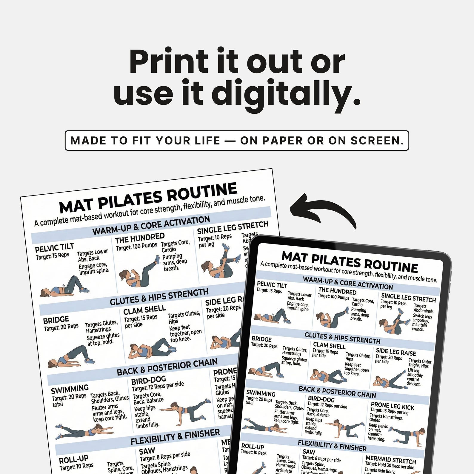 Mat Pilates Routine Posters, Basic Workout, Beginner Pilates, Printable ...