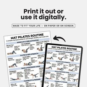 May include: A digital or printed mat pilates routine guide. The guide includes exercises for core strength, flexibility, and muscle tone. The text reads "Print it out or use it digitally."