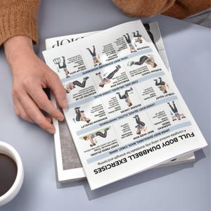 May include: A printed workout guide titled "FULL BODY DUMBBELL EXERCISES" with various dumbbell exercises illustrated. The guide includes exercises targeting upper and lower body, core, and compound movements. A cup of coffee sits nearby.