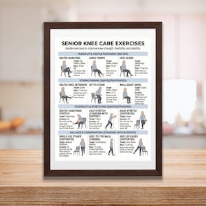 May include: A framed poster displaying "SENIOR KNEE CARE EXERCISES", with diagrams of exercises to improve knee strength and flexibility. The poster details exercises like seated marching, ankle pumps, heel slides, and more.