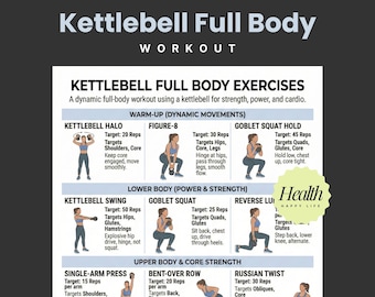 Kettlebell Exercises, Full Body Workout, Kettlebell Poster, Printable Exercises, 30 Day Workout, Home Workout Plan, Beginner Workout