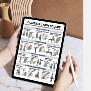 May include: A digital tablet displays a workout guide titled "DUMBBELL ARM SCULPT." The guide details 12 dumbbell exercises for biceps, triceps, shoulders, and forearms. The tablet is held by a person, with a white stylus resting on the screen.