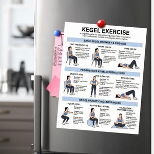 May include: A white printed guide for Kegel exercises, with illustrations and instructions for strengthening pelvic floor muscles. The guide is attached to a silver refrigerator with a red magnet and a pink sticky note.