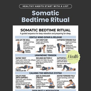 May include: A guide to a somatic bedtime ritual, featuring illustrated yoga poses for relaxation. The infographic includes poses like Legs-Up-The-Wall, Cat-Cow Flow, and Supported Forward Fold, with duration times for each exercise.