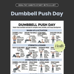 May include: Infographic titled "Dumbbell Push Day" with exercise instructions for chest, shoulder, and triceps workouts. Includes warm-up, strength, and hypertrophy exercises with illustrations and rep counts. The word "Health" is in the corner.