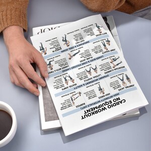 May include: A printed workout guide titled "Cardio Workout No Equipment" with illustrated exercises. The guide features exercises like high knees, burpees, and mountain climbers, with durations listed. The guide is held by a person.
