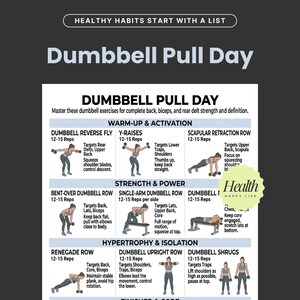 May include: Infographic for a dumbbell pull day workout, with exercises targeting back, biceps, and rear deltoids. Includes warm-up, strength, and hypertrophy exercises with instructions and illustrations. The text reads "Healthy Habits Start With a List."