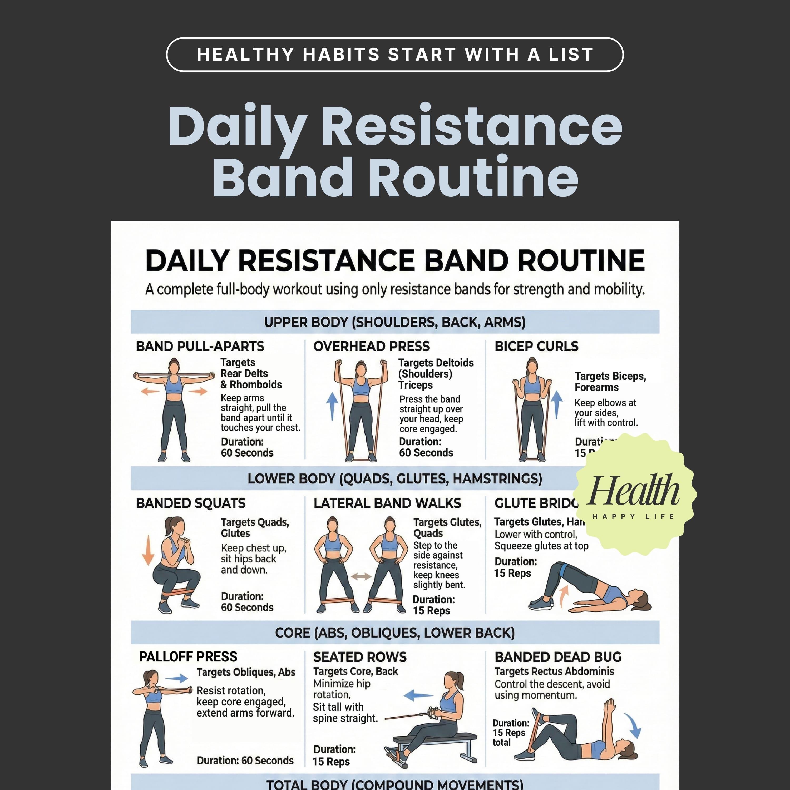 Resistance Band Exercises Poster, Full Body Workout Chart for Arms ...