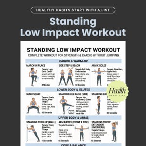 May include: Infographic for a standing low-impact workout, featuring exercises like marching in place, side steps, arm circles, sumo squats, and standing leg raises. The guide includes illustrations and time durations for each exercise, promoting a healthy lifestyle.