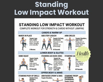 Entrenamiento de bajo impacto de pie, póster de ejercicios, programa de entrenamiento en casa, plan de acondicionamiento físico