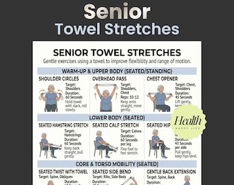 Esercizi di stretching con asciugamano, poster di esercizi di stretching, yoga sulla sedia per anziani, esercizi sulla sedia, routine di allenamento per anziani, programma di allenamento a casa