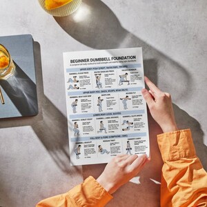 May include: A printed workout guide titled "Beginner Dumbbell Foundation" with exercise illustrations. The guide includes sections for upper body push, pull, lower body, and full body exercises. The guide is held by a person wearing an orange shirt.