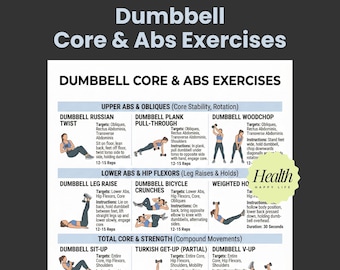 Dumbbell Core & Abs Workout Poster, Dumbbell Exercises, Printable Exercises, Fitness Plan, Home Workout Plan