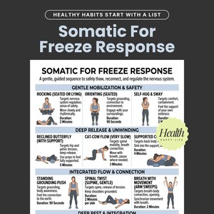 May include: Infographic detailing somatic exercises for freeze response, including rocking, orienting, self-hug, and spinal twist. The guide provides instructions and durations for each exercise, promoting gentle mobilization and deep release. The image features a 'Health Happy Life' logo.