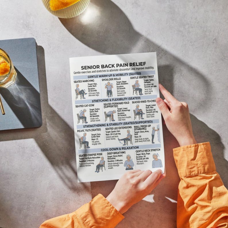 May include: A printed sheet titled "SENIOR BACK PAIN RELIEF" with exercise instructions. The sheet is held by a person wearing an orange shirt. The exercises include stretches and mobility exercises to alleviate discomfort.